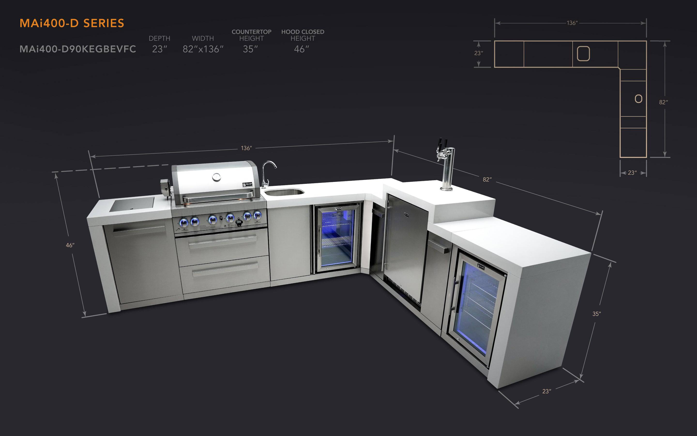 Mont Alpi 400 Deluxe Island with a 90 Degree Corner, Kegerator, Beverage Center and Fridge Cabinet - Mont Alpi