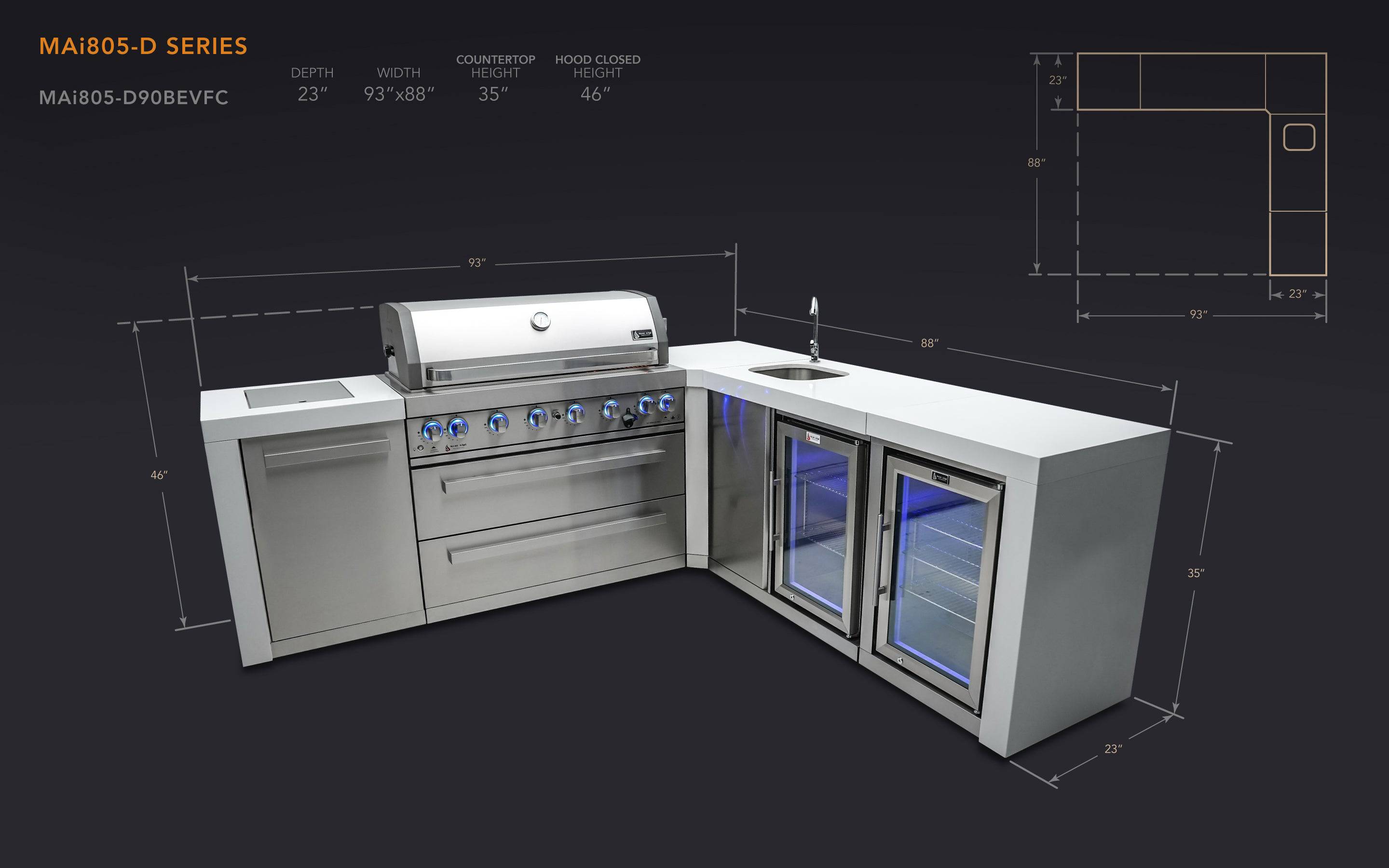 Mont Alpi 805 Deluxe Island with a 90 Degree Corner, Beverage center and Fridge Cabinet - Mont Alpi