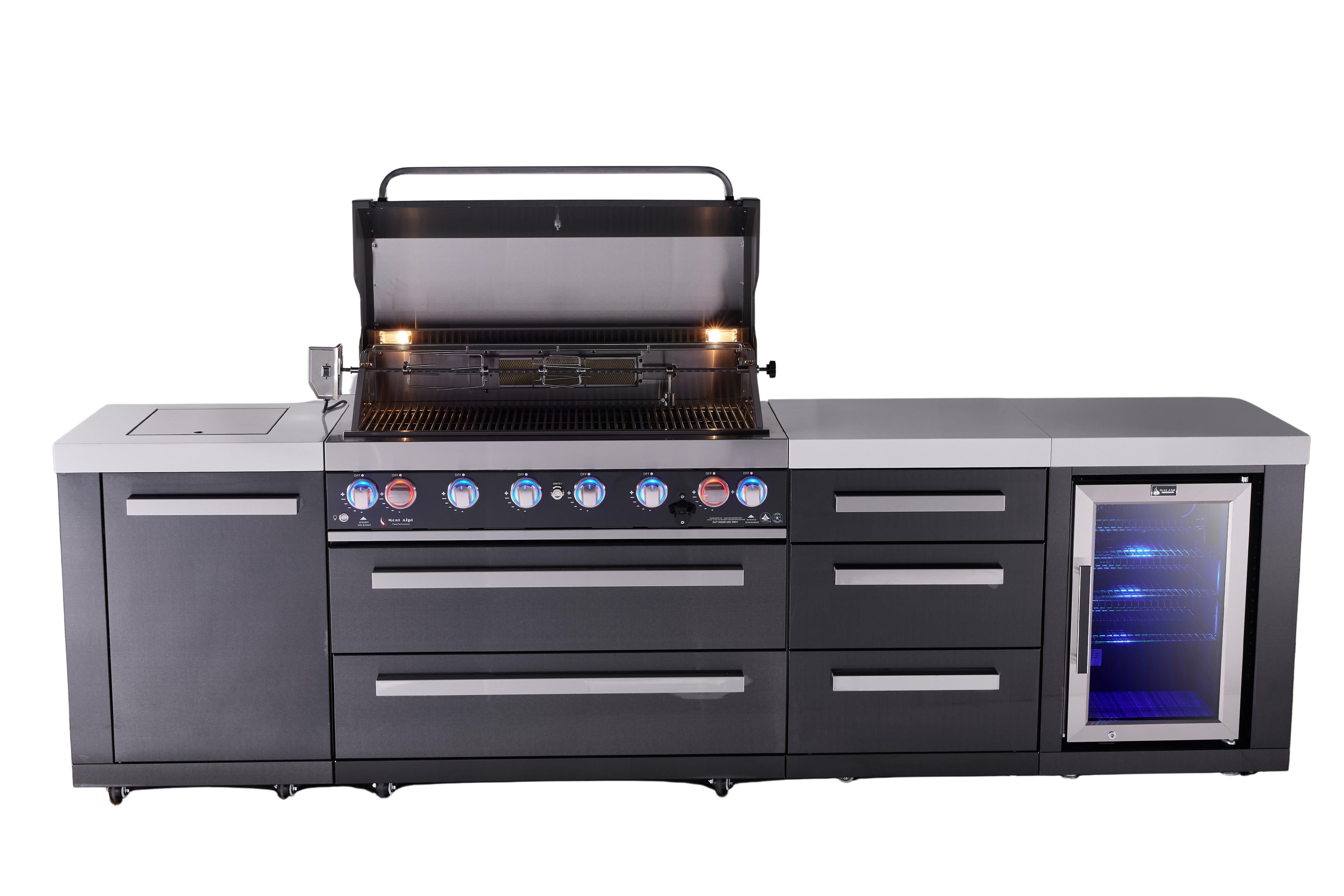 Mont Alpi 6-burner black series outdoor kitchen island with extra storage cabinet and corner fridge module