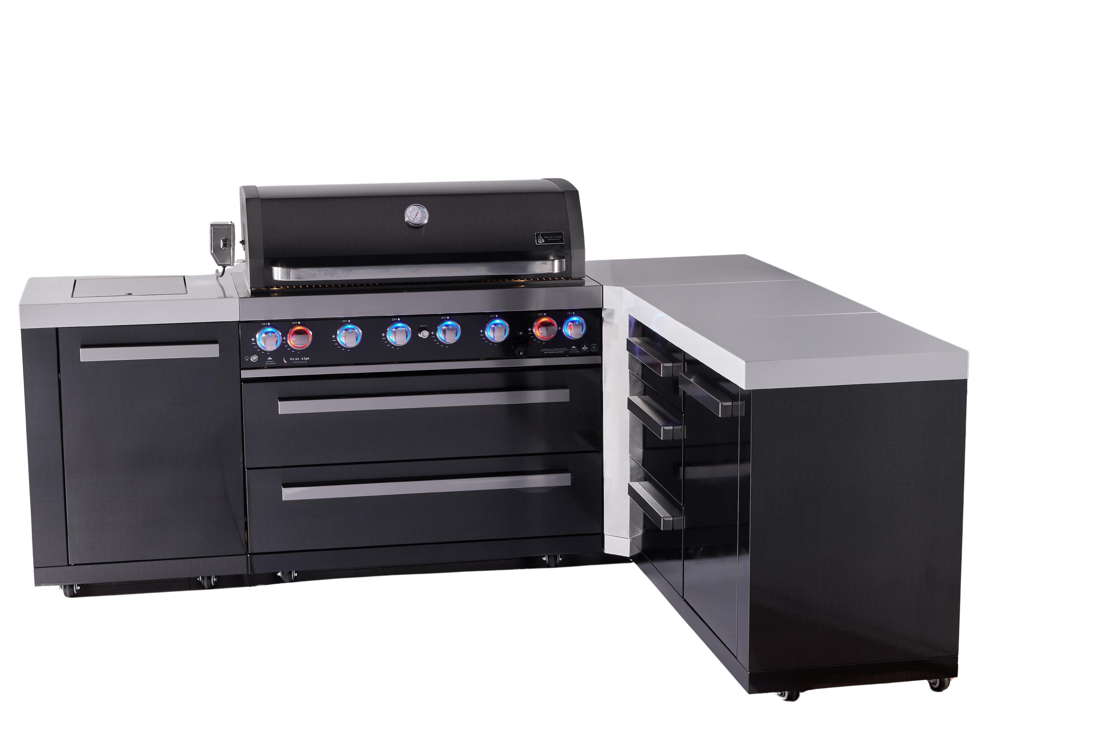 Mont Alpi 6-burner L-shaped black series outdoor kitchen island with extra drawer slides cabinet module - Mont Alpi Canada