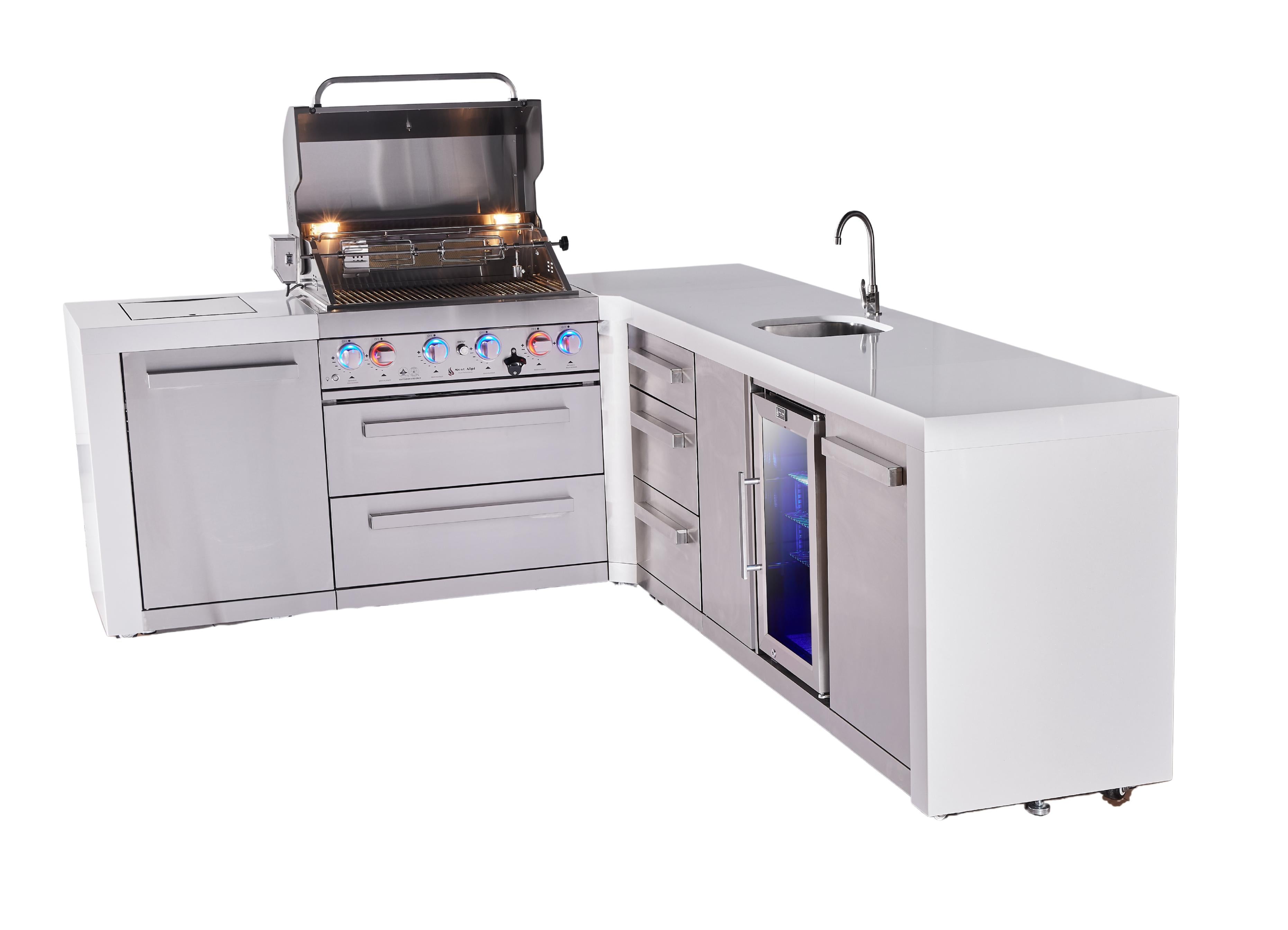 Mont Alpi 4-burner L-shaped deluxe series outdoor kitchen island with beverage center and extra drawer slides cabinet - Mont Alpi Canada