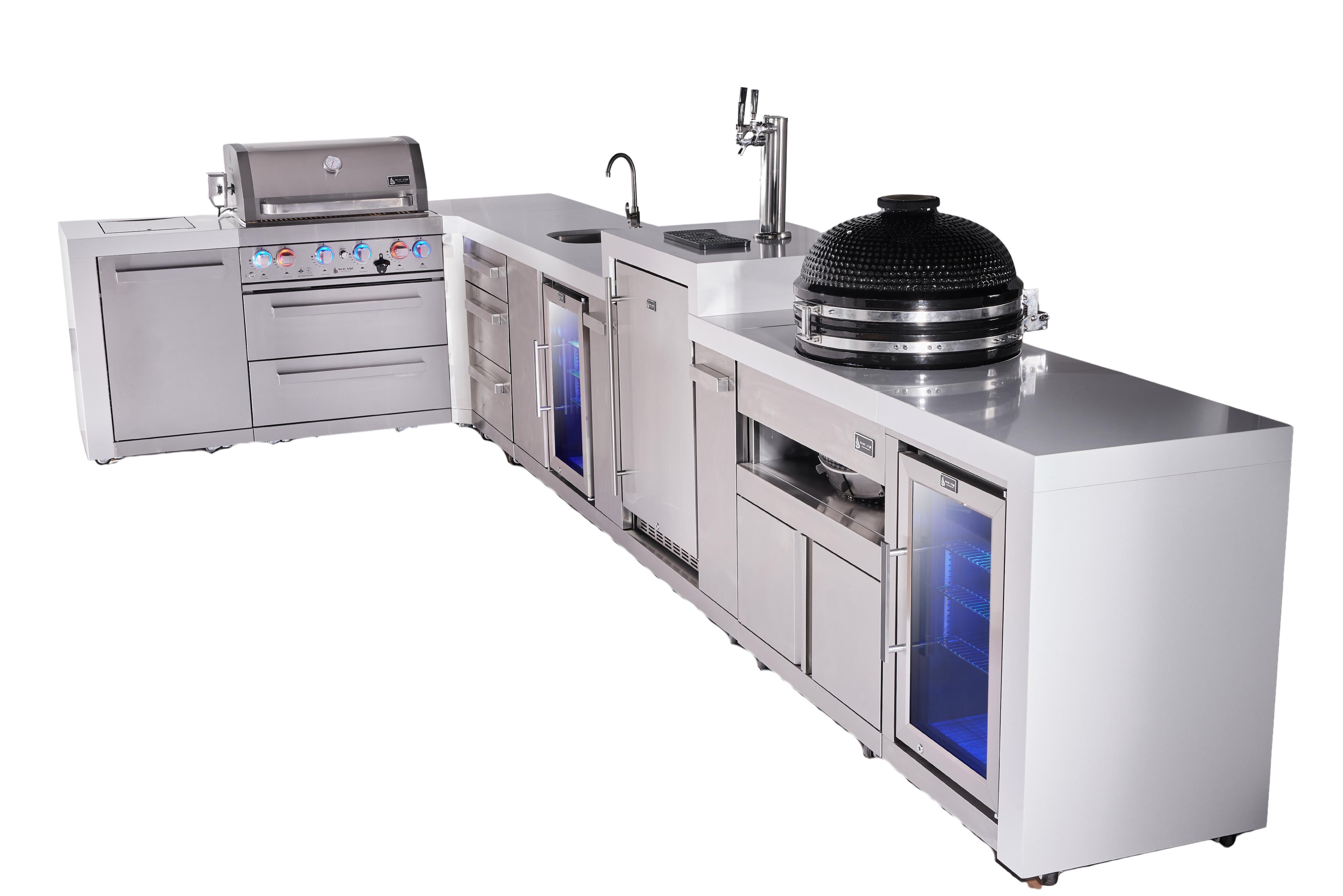 Mont Alpi 4-burner L-shaped deluxe series outdoor kitchen island with beverage center, kegerator, kamado and corner fridge module plus extra drawer slides cabinet - Mont Alpi Canada