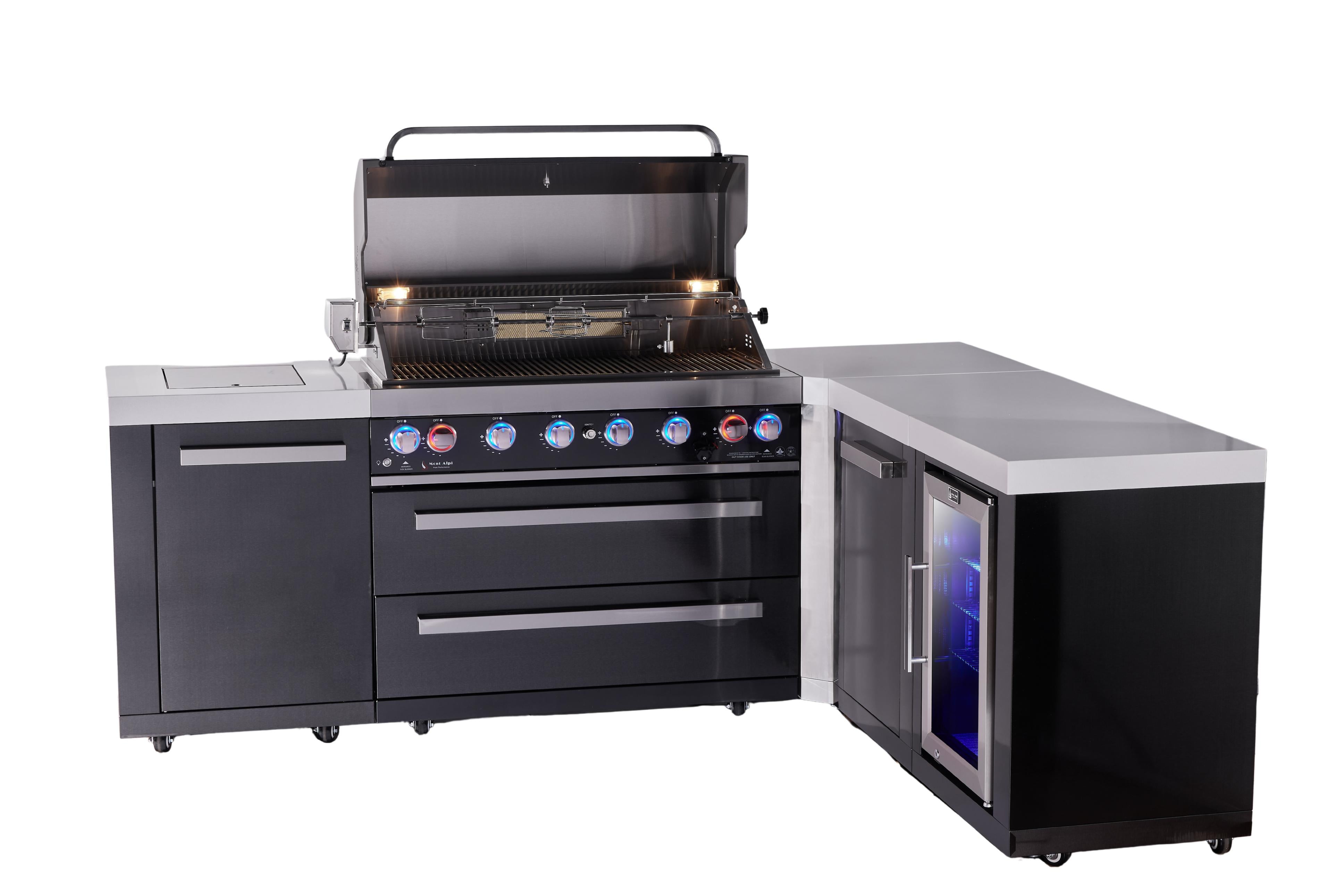 Mont Alpi 6-burner L-shaped black series outdoor kitchen island with extra storage cabinet and corner fridge module - Mont Alpi Canada