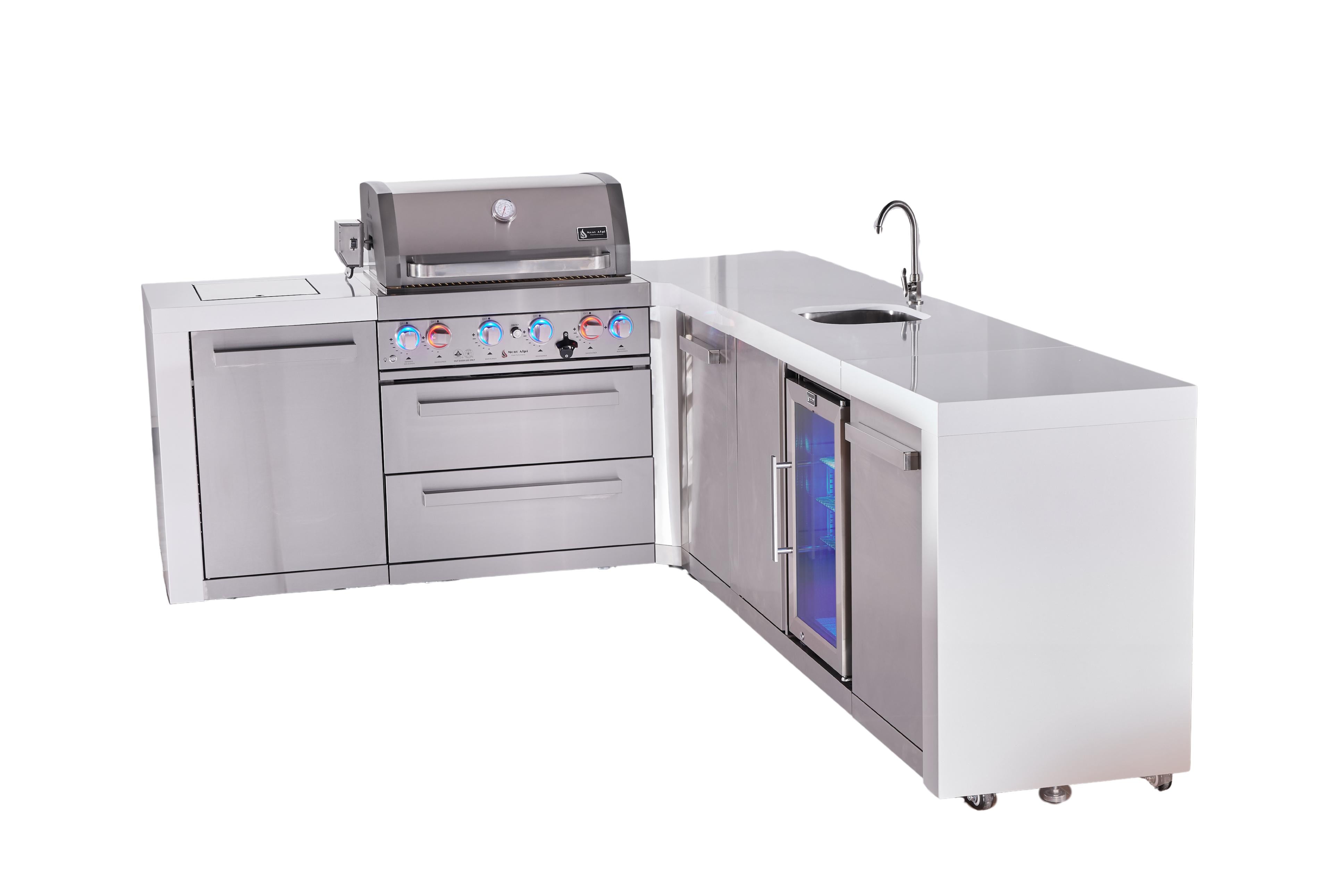 Mont Alpi 4-burner L-shaped deluxe series outdoor kitchen island with beverage center and extra storage cabinet module - Mont Alpi Canada