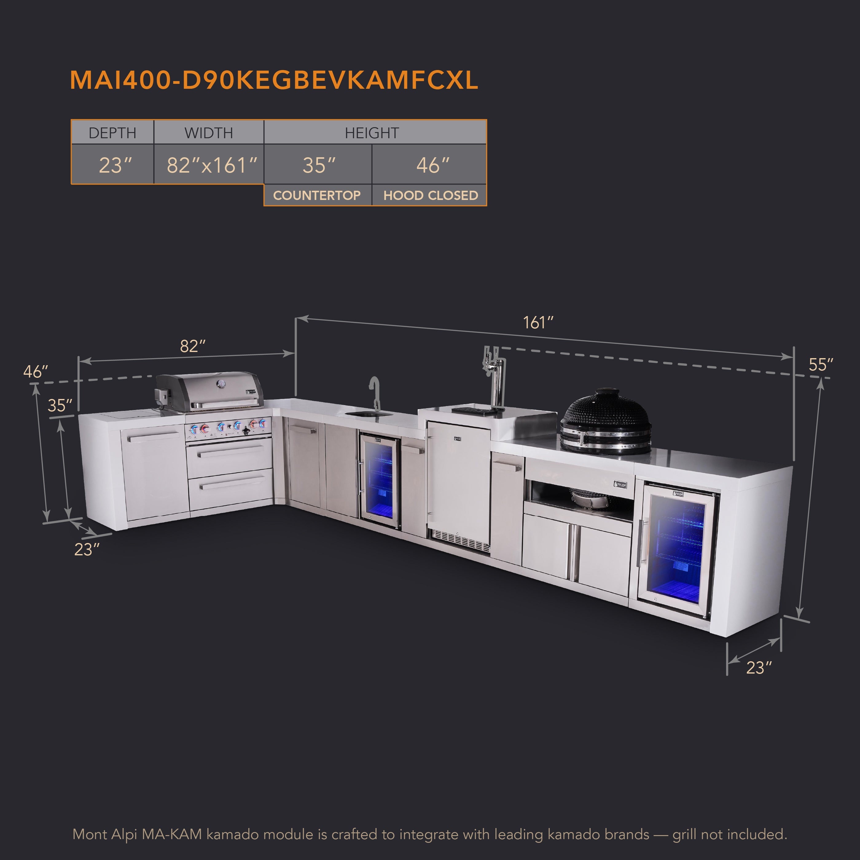 Mont Alpi 4-burner L-shaped deluxe series outdoor kitchen island with beverage center, kegerator, kamado and corner fridge module plus extra storage cabinet - Mont Alpi Canada