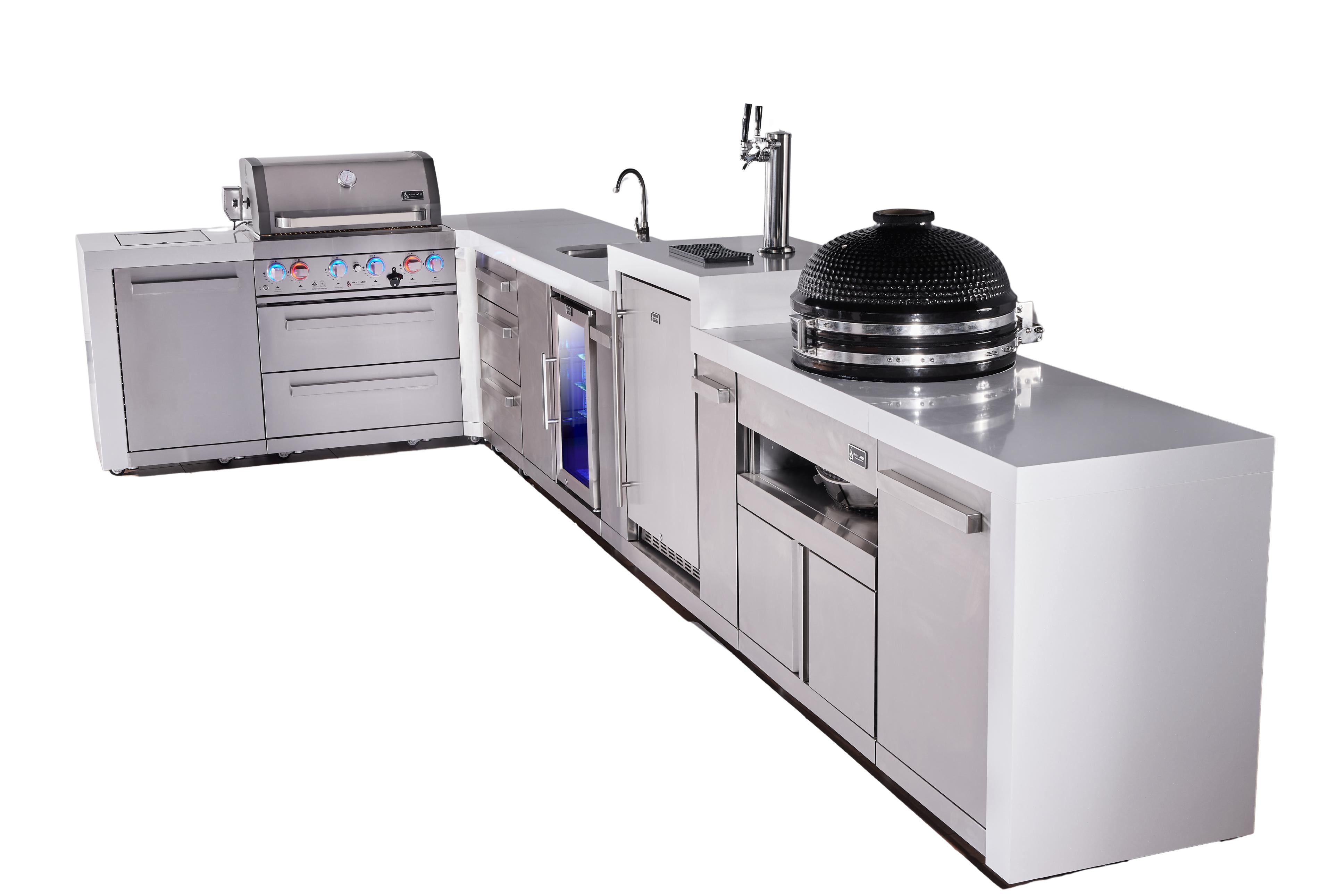 Mont Alpi 4-burner L-shaped deluxe series outdoor kitchen island with beverage center, kegerator, kamado module plus extra drawer slides cabinet - Mont Alpi Canada
