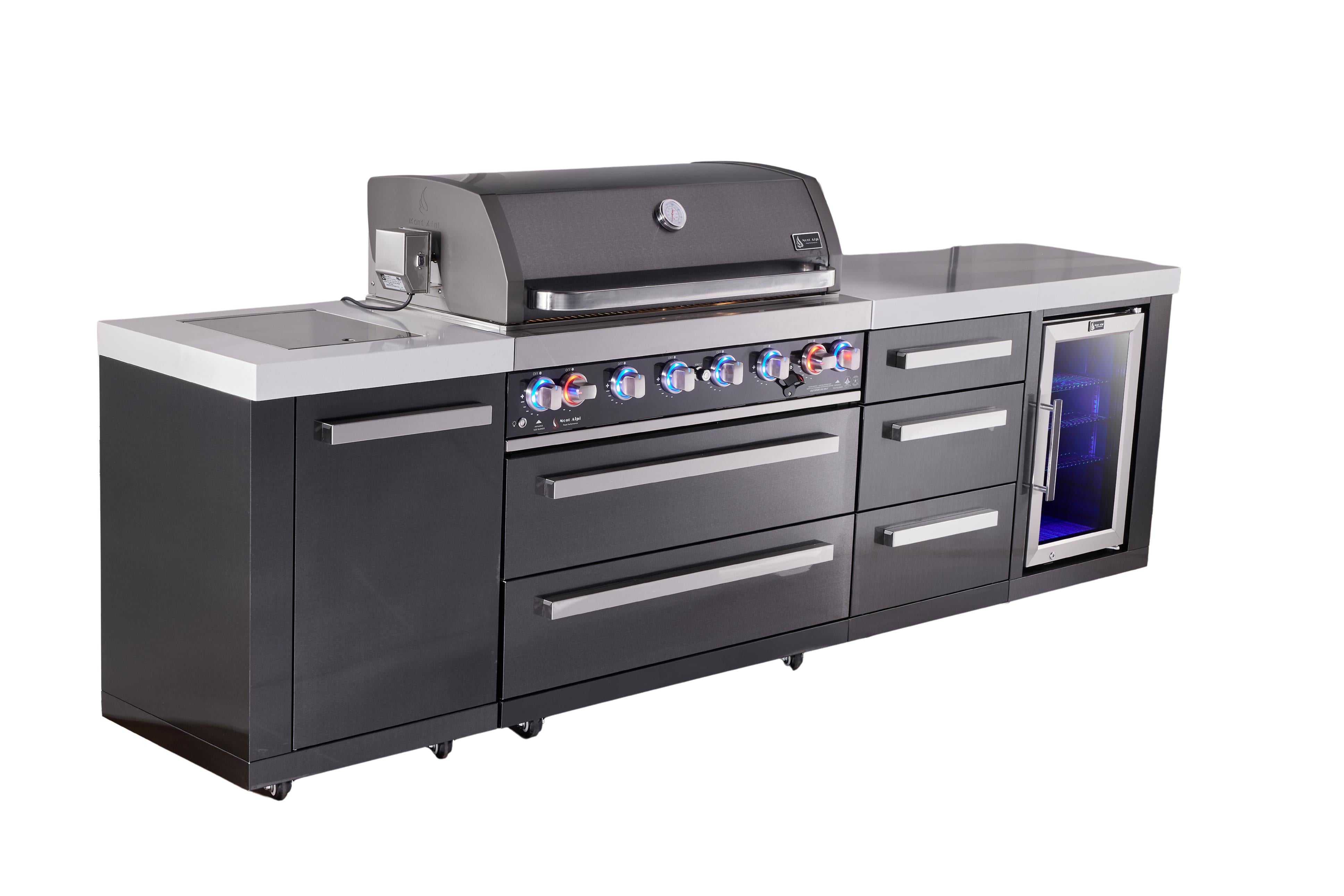 Mont Alpi 6-burner black series outdoor kitchen island with extra storage cabinet and corner fridge module