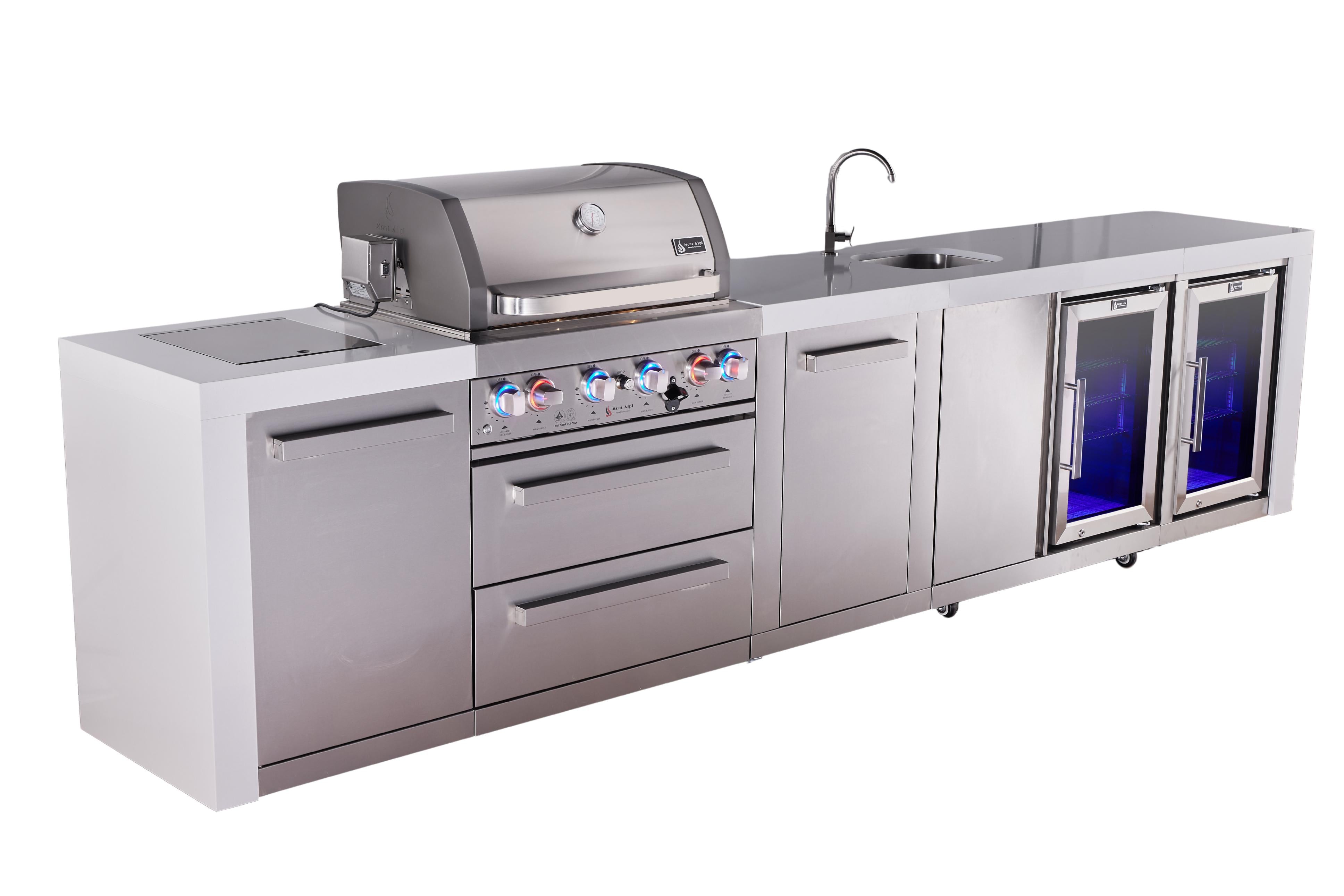 Mont Alpi 4-burner deluxe series outdoor kitchen island with beverage center and corner fridge module plus extra storage cabinet - Mont Alpi Canada