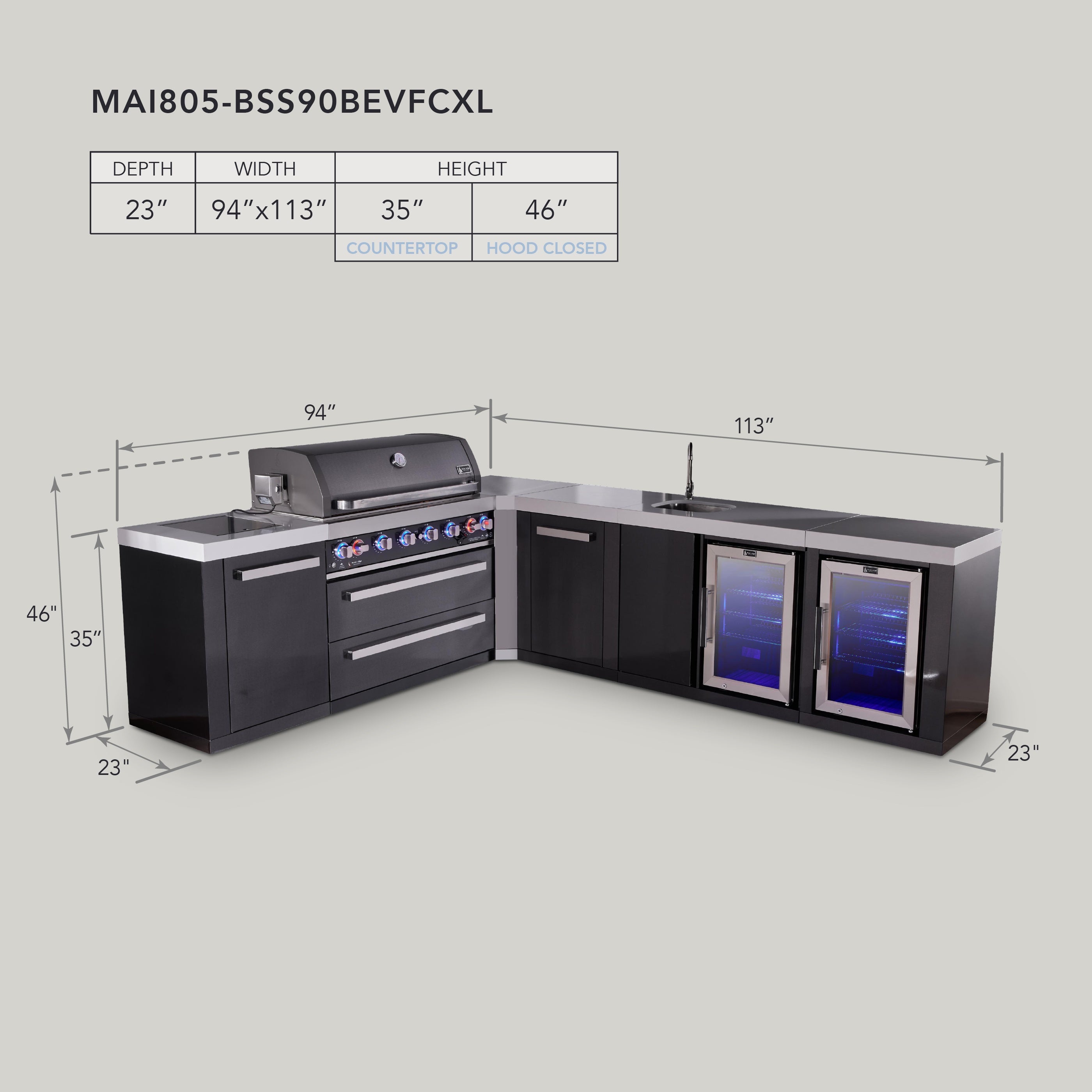 Mont Alpi 6-burner L-shaped black series outdoor kitchen island with beverage center and corner fridge module plus extra storage cabinet - Mont Alpi Canada