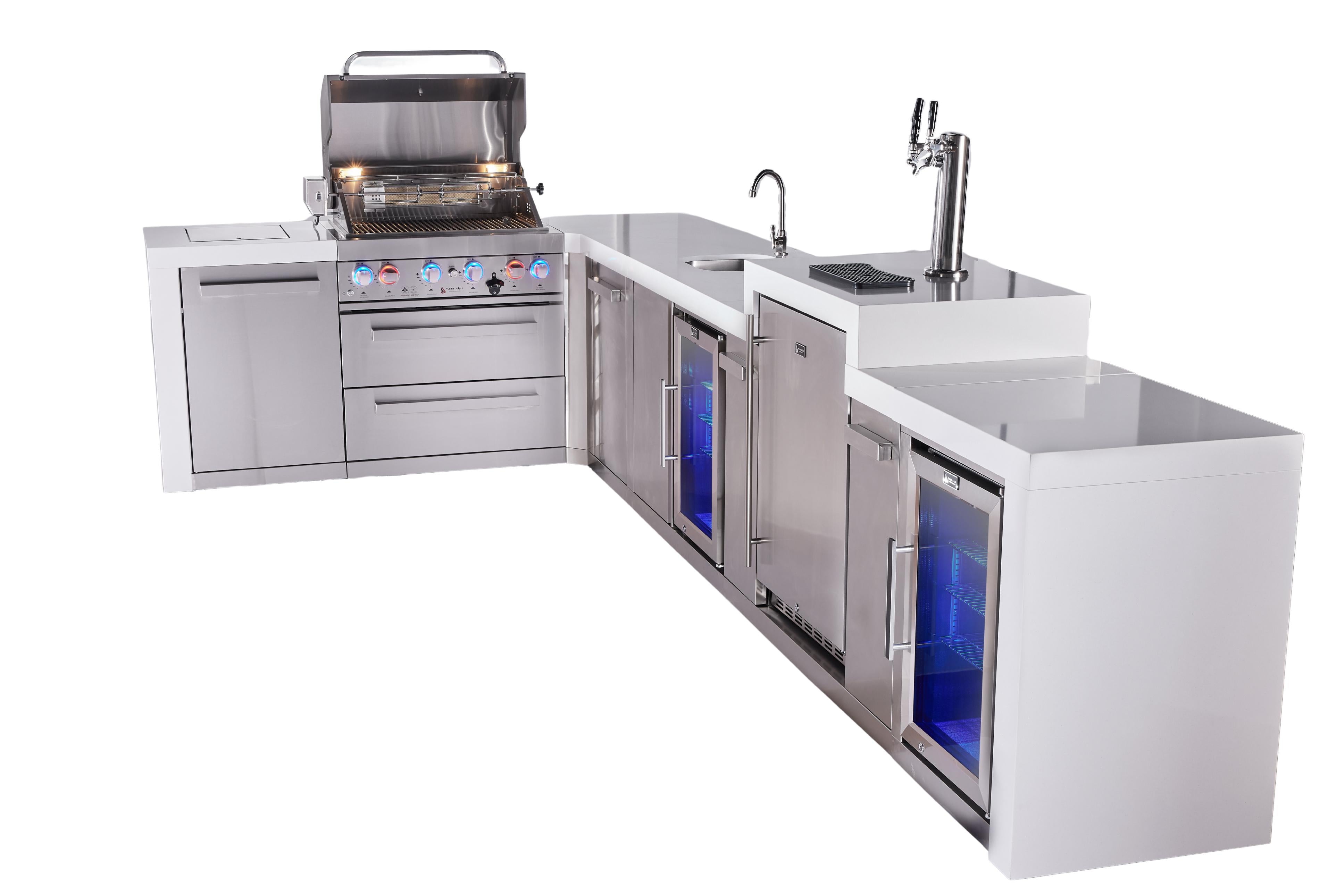 Mont Alpi 4-burner L-shaped deluxe series outdoor kitchen island with beverage center, kegerator and corner fridge module plus extra storage cabinet - Mont Alpi Canada