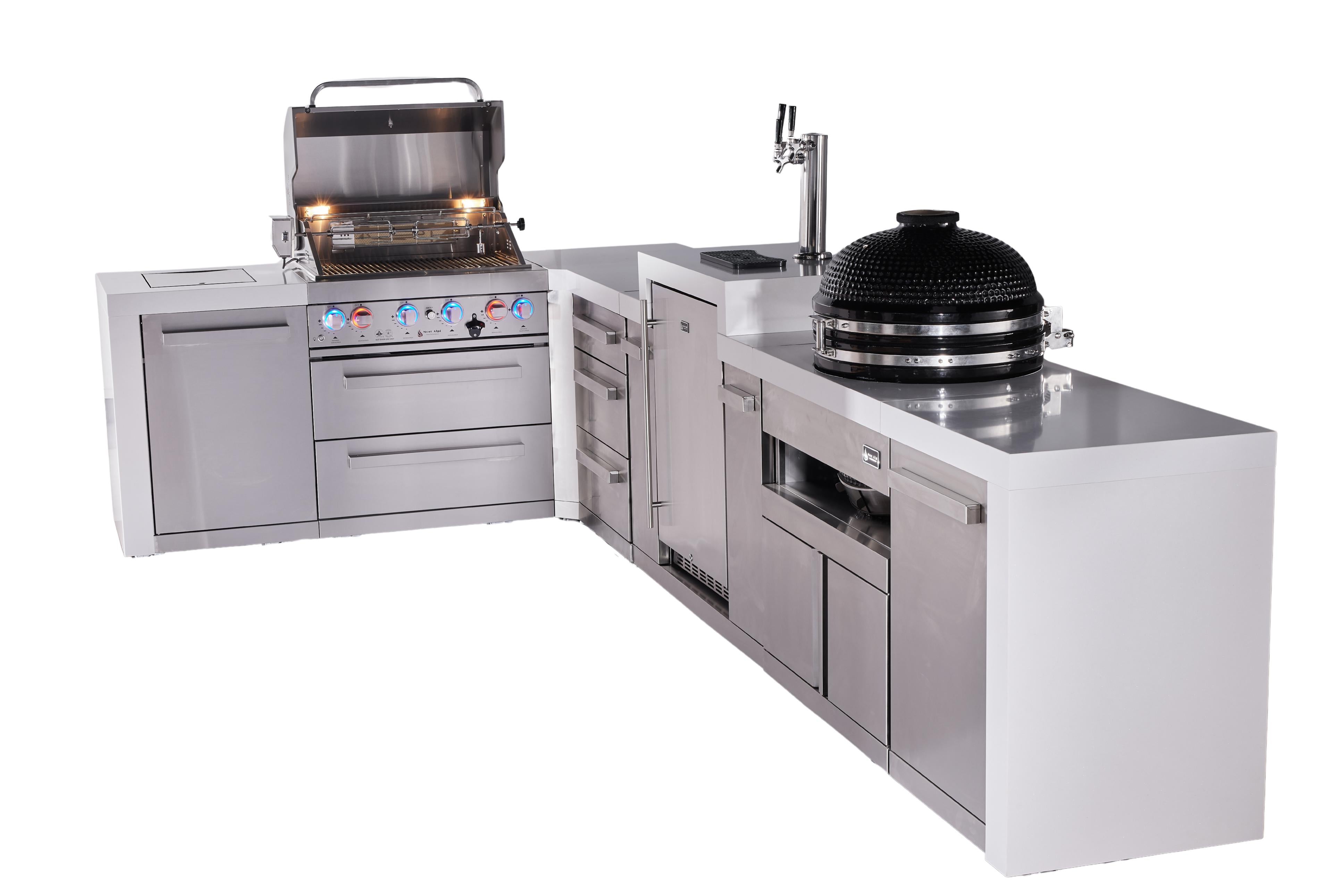 Mont Alpi 4-burner L-shaped deluxe series outdoor kitchen island with kegerator, kamado and extra drawers slide cabinet module - Mont Alpi Canada