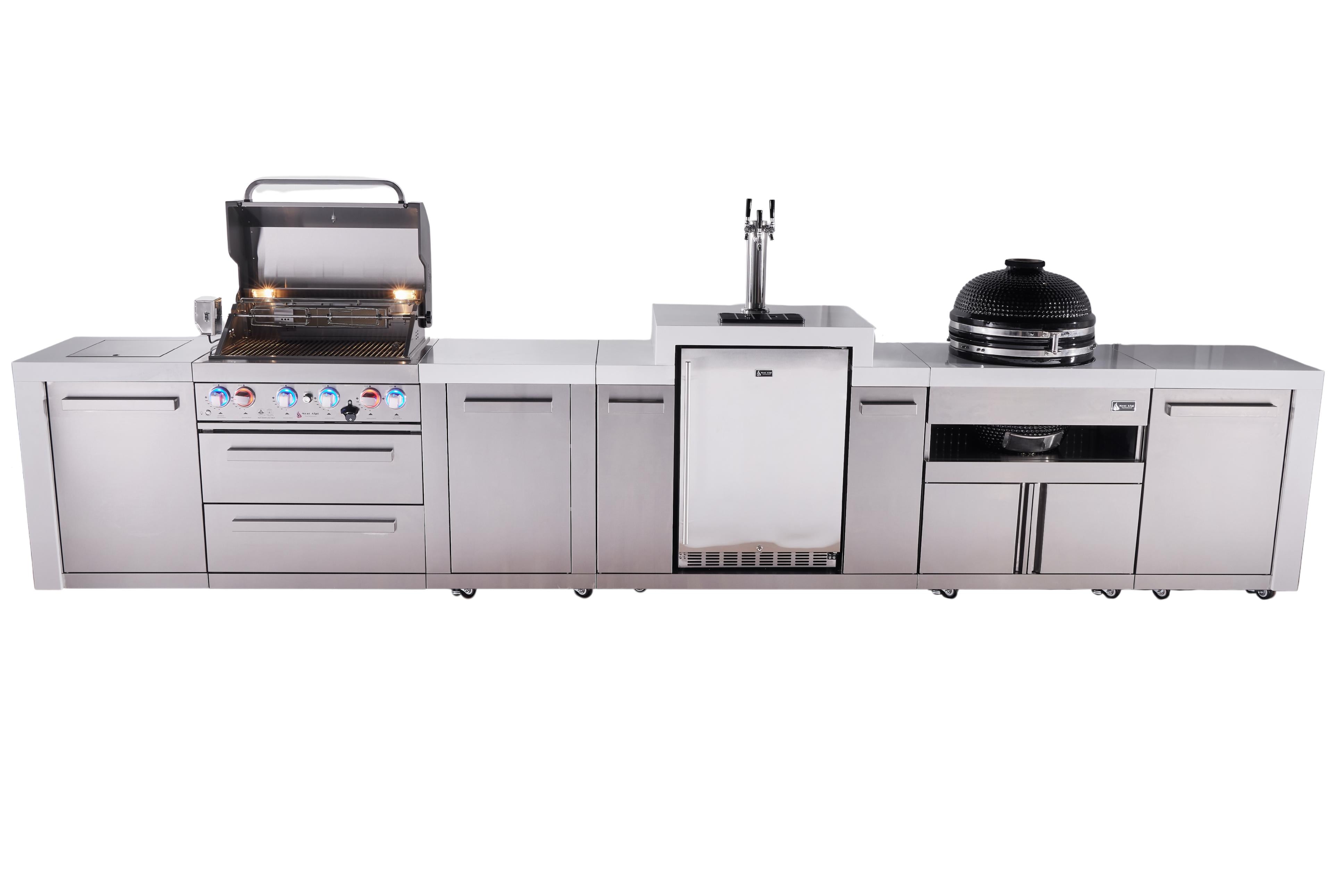 Mont Alpi 4-burner deluxe series outdoor kitchen island with kegerator and kamado module plus extra storage cabinet - Mont Alpi Canada