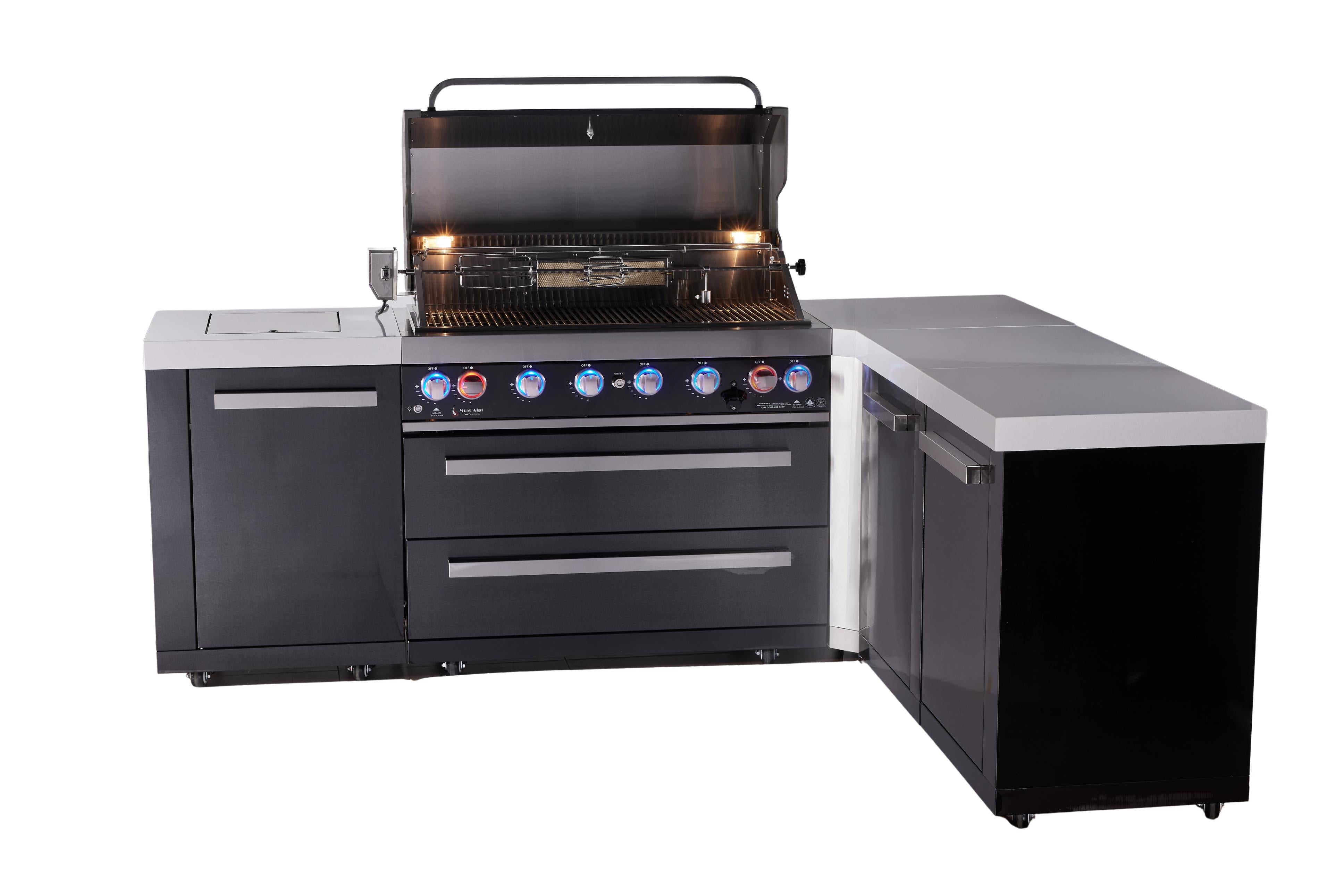 Mont Alpi 6-burner L-shaped black series outdoor kitchen island with extra storage cabinet module - Mont Alpi Canada