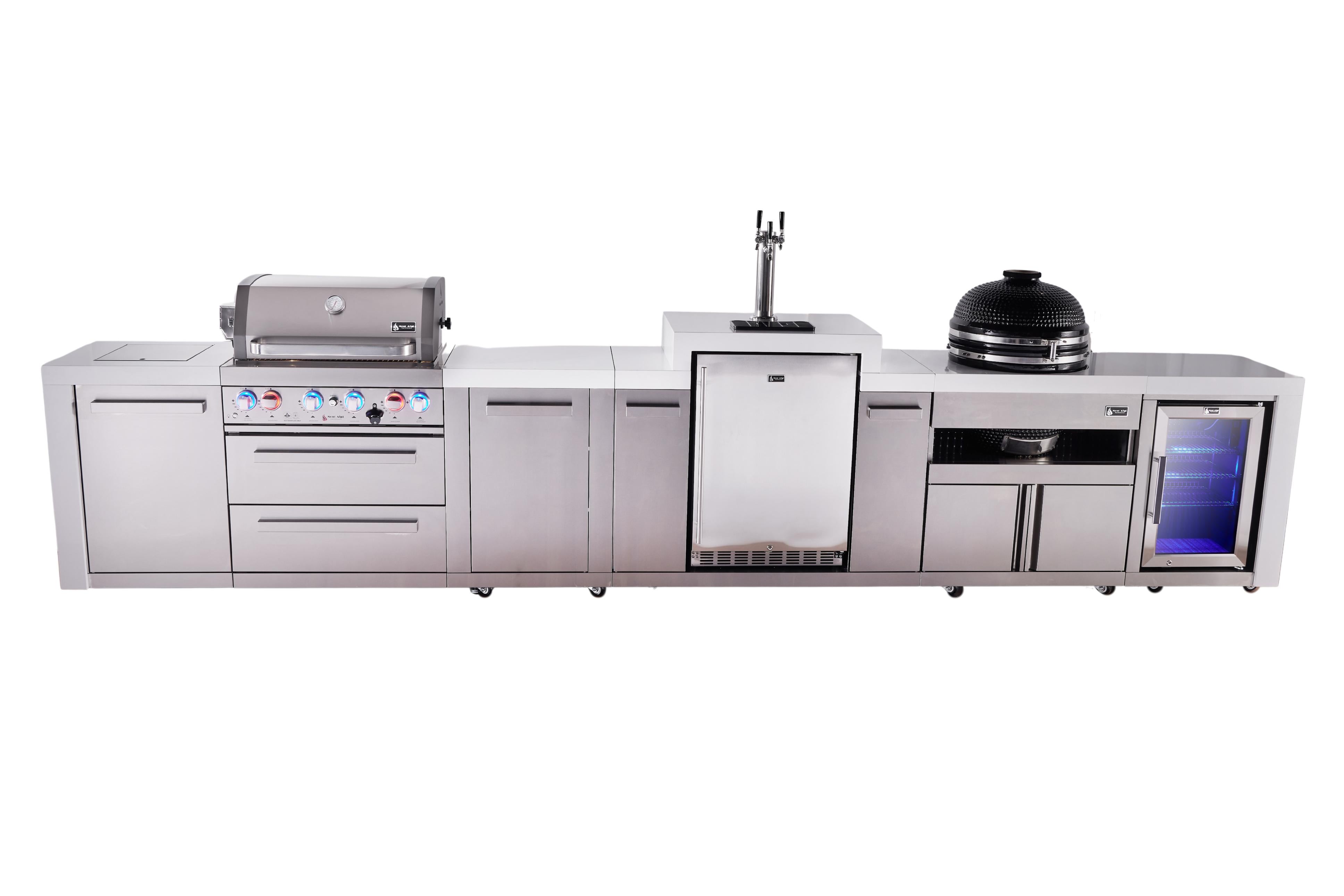 Mont Alpi 4-burner deluxe series outdoor kitchen island with kegerator, kamado module and corner fridge module plus extra storage cabinet - Mont Alpi Canada