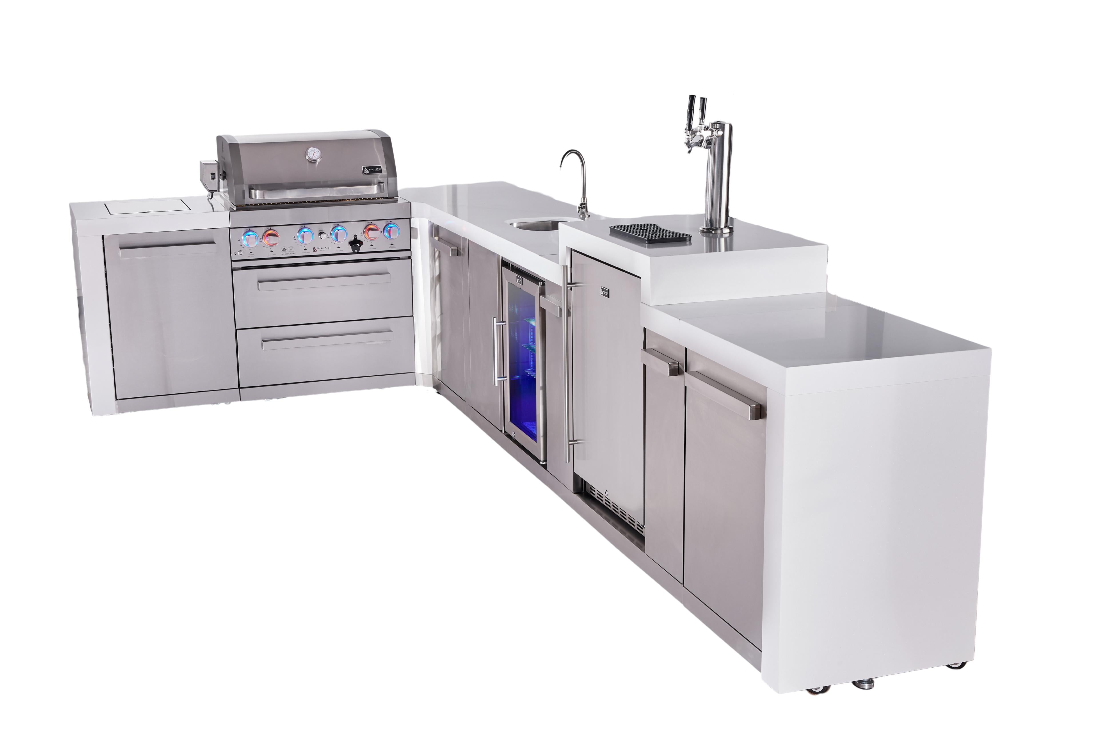 Mont Alpi 4-burner L-shaped deluxe series outdoor kitchen island with beverage center and kegerator module plus extra storage cabinet - Mont Alpi Canada