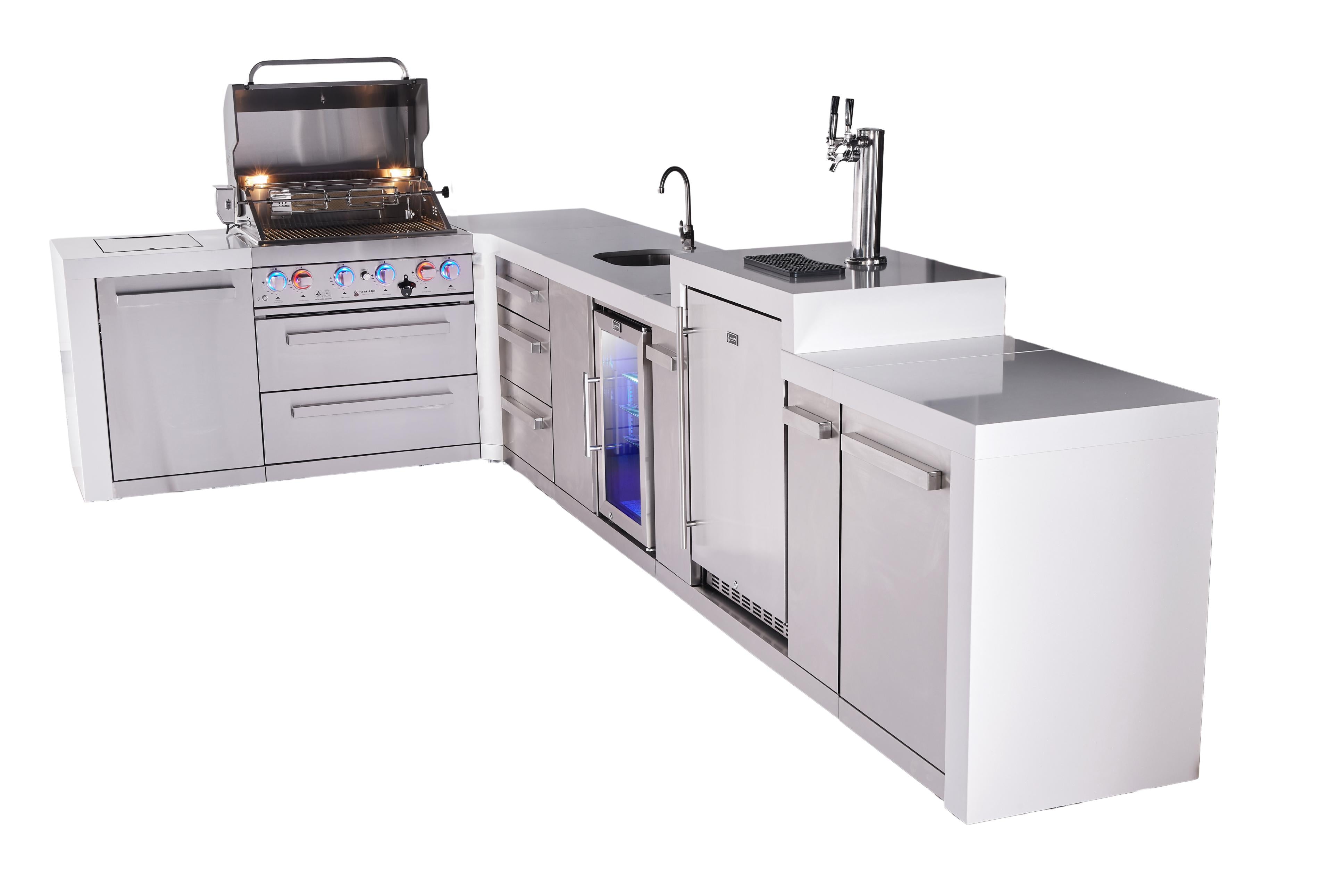 Mont Alpi 4-burner L-shaped deluxe series outdoor kitchen island with beverage center and kegerator module plus extra drawer slides - Mont Alpi Canada
