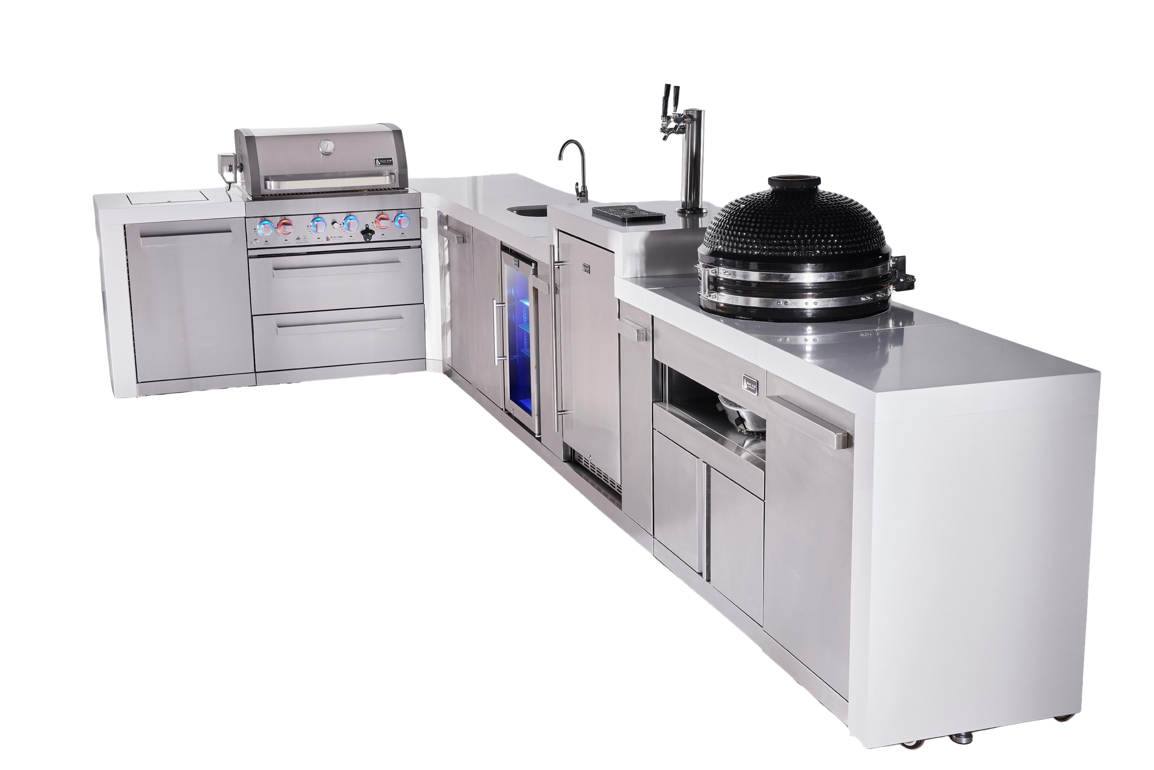 Mont Alpi 4-burner L-shaped deluxe series outdoor kitchen island with beverage center, kegerator, kamado module plus extra storage cabinet - Mont Alpi Canada